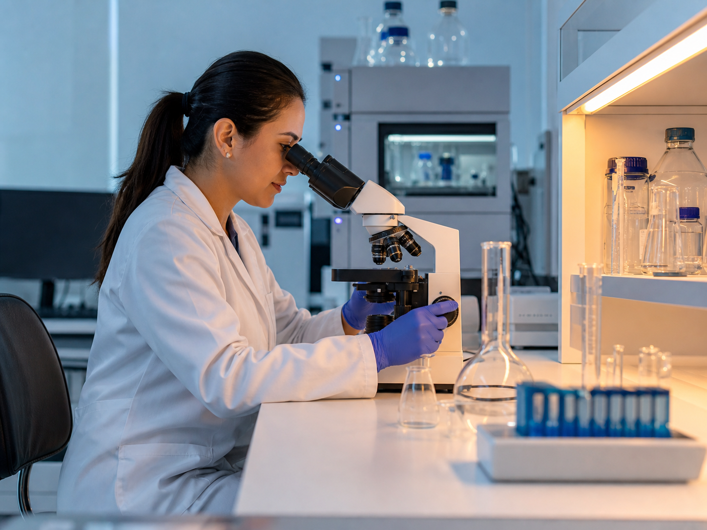 Profissional utilizando microscópio em laboratório moderno